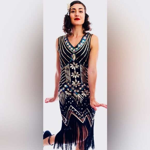 1920s Gatsby Flapper Gothic Black and Silver Sequins Dress Size S* - Picture 10 of 10